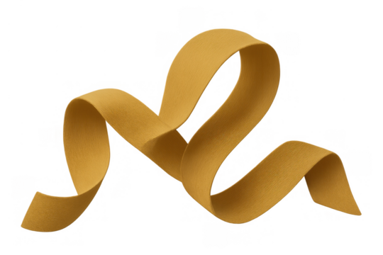 Yellow ribbon creating a flowing, wavy shape, isolated on a transparent background, symbolizing celebration, movement, and design