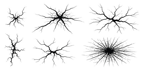 Various black crack patterns on white background, simulating broken glass or shattered surfaces