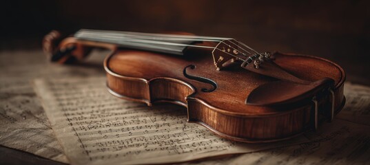 Fototapeta premium Macro Shot of Violin on Sheet Music in Warm Natural Lighting