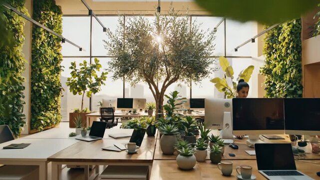 Modern Green Office Space - A contemporary office is decorated with lush green walls and potted plants, creating a refreshing and productive workspace. - Powered by Adobe