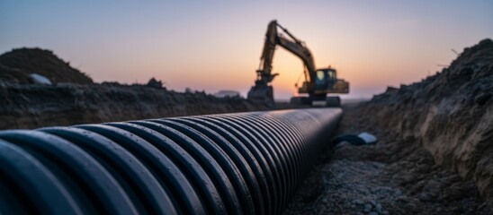 Large corrugated pipe lying in a trench during a new construction project at sunrise, with an excavator working in the background, representing major drainage and utility installation
