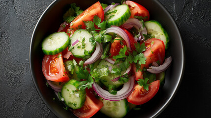 Fresh and vibrant salad with tomatoes, cucumbers, and red onions in bowl