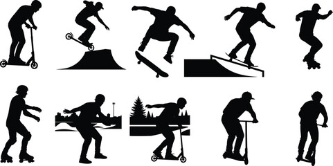 skateboard, scooter, rollerblade, silhouette, stunt, trick, jump, ramp, action, sport, urban, freestyle, youth, motion, extreme © Maisa