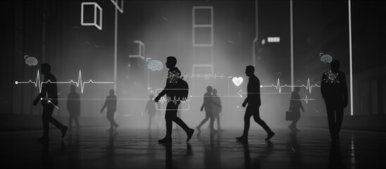 Silhouettes of people walking in a futuristic cityscape, displaying virtual interfaces with biometric data like brain activity and heart rate, representing advanced surveillance or data analysis