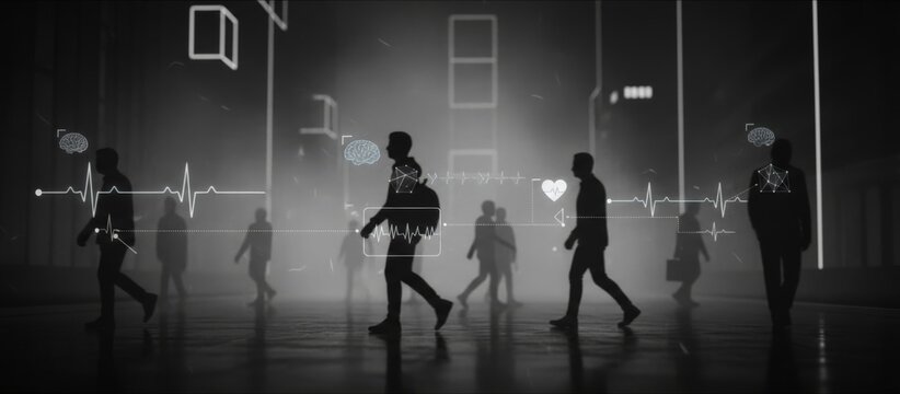 Silhouettes of people walking in a futuristic cityscape, displaying virtual interfaces with biometric data like brain activity and heart rate, representing advanced surveillance or data analysis