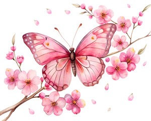 pink and white butterfly with cherry flower watercolor  butterfly, wing, moth, spring, macro, flying, colorful, garden, butterflies, pink, animal, flower, insect, isolated, white, fly, summer, yellow,