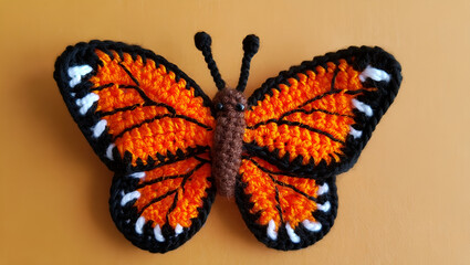 Exquisitely crafted handmade textile butterfly in vibrant orange and black hues, a beautiful example of creative crochet art and decorative needlework, Generative AI