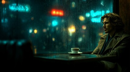 Naklejka premium Young man with wavy hair sitting by window in cafe, rain-soaked glass creating moody atmosphere