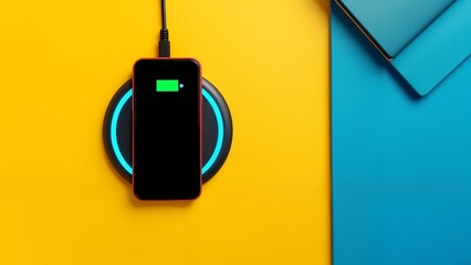 An overhead view of a smart phone charging on a yellow wall.