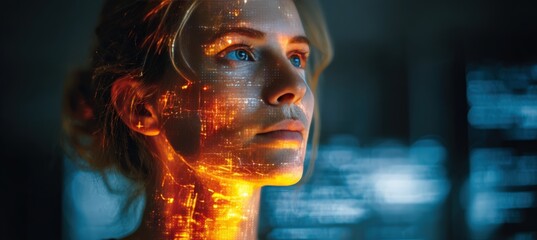 Futuristic Businesswoman with Virtual Data Screen and Orange Glow Reflection