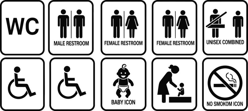 Set of black and white restroom and facility signs with icons and text toilet male