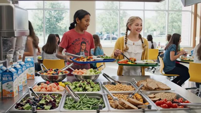 School Cafeteria Lunch Line - A medium shot shows two young students in a school cafeteria selecting food from a buffet-style lunch line with salad, fruit, vegetables, chickpeas, and bread.