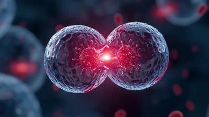 Microscopic view of two cells dividing with virus particles in between them - Powered by Adobe