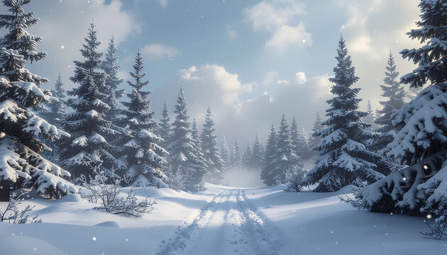 A serene winter wonderland with snow-capped pine trees and soft snowfall captures a peaceful moment in nature. Before Christmas, everything went quiet.