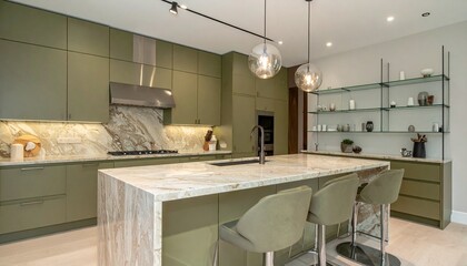 Olive and Travertine Modern Kitchen With Waterfall Island
