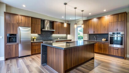 Charcoal and Walnut Minimalist Kitchen With Stone Island