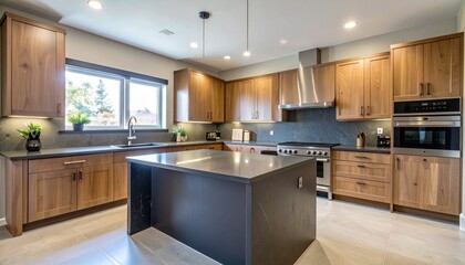 Charcoal and Walnut Minimalist Kitchen With Stone Island