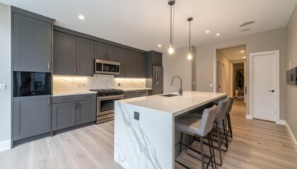 Graphite and Ivory Contemporary Kitchen With Marble Island