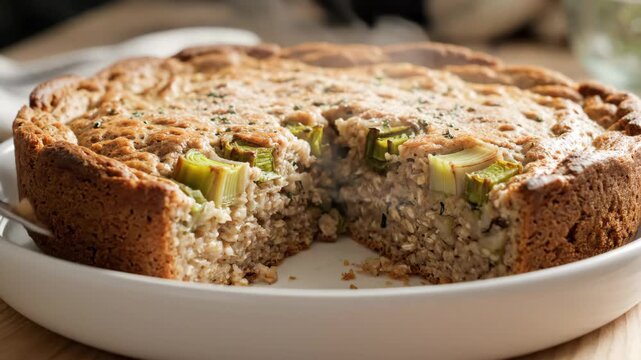 Leek and Oatmeal Savory Cake - A close-up shot shows a freshly baked, golden-brown savory cake with a slice missing, revealing the oatmeal and leek filling inside.