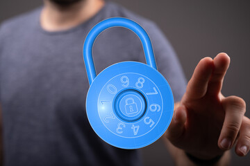 Concept of cybersecurity: hand interacting with a digital padlock, safeguarding data and information. Protect y