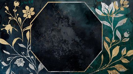 Hexagonal Dark Watercolor Frame with Indigo, Emerald & Gold Pigment, Metallic Veins, Floral Silhouettes, Silver Stains & Peel-Off Effects