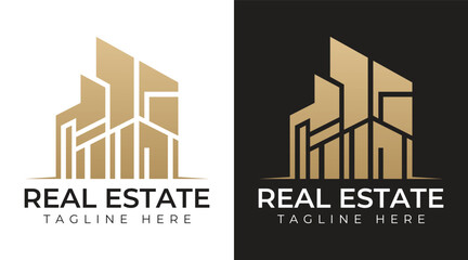 Modern luxury real estate building logo, elegant gold line art architecture symbol for property, construction, realtor branding, corporate identity and professional business logo design