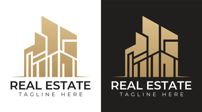 Modern luxury real estate building logo, elegant gold line art architecture symbol for property, construction, realtor branding, corporate identity and professional business logo design