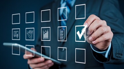 Businessman selecting a virtual checkbox on a modern interface