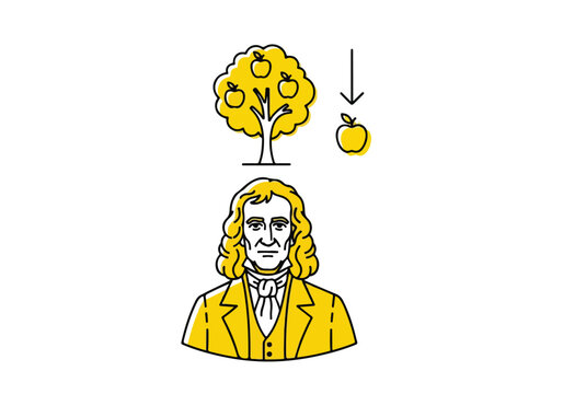Isaac newton discovers gravity with an apple falling from a tree - Flat stock illustration