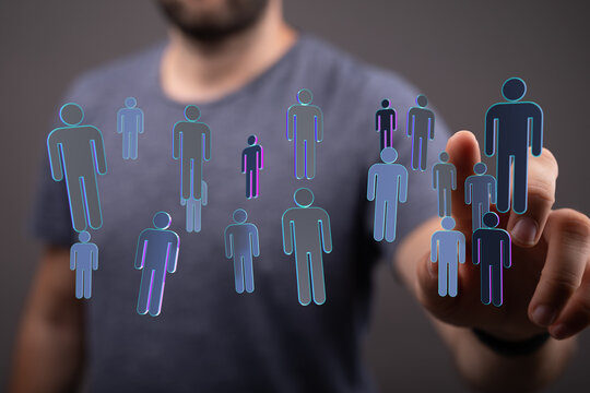 Person interacting with digital people icons, representing social connections and digital networking, global co