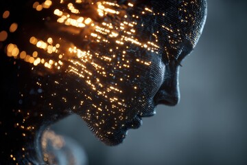 Close-Up of Head Dissolving into Binary Code Streams, Digital Transformation Concept