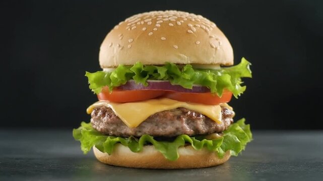 Gourmet burger falling into layers bun
