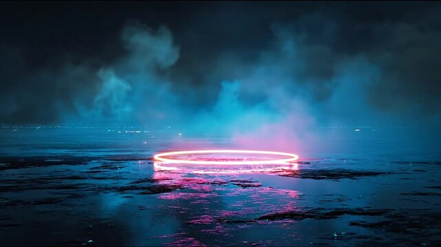 Neon light ring illuminated in misty atmosphere abstract digital render