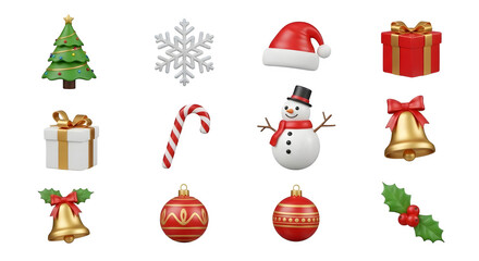 Collection of festive 3d christmas holiday elements including tree, gifts, snowman, and ornaments for joyous celebrations.