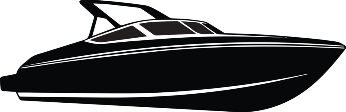 Sleek black silhouette of a modern speed boat with a wakeboard tower isolated on a white background representing water sports and leisure