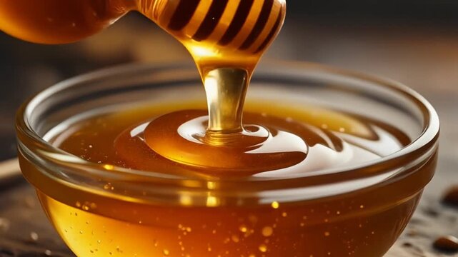 Cinematic pour of glossy amber honey into a clear glass bowl