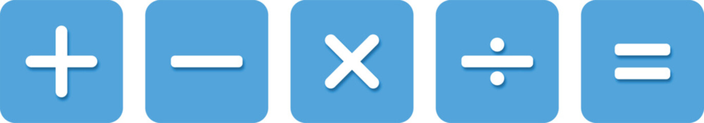 Obraz premium A row of five bright blue rounded square buttons each displaying a fundamental mathematical operation symbol in white against a clean white background
