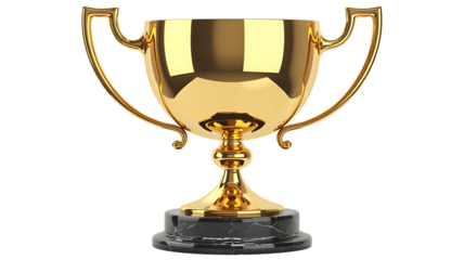 Golden Trophy Cup with Handles on a Black Marble Base  isolated on a transparent background