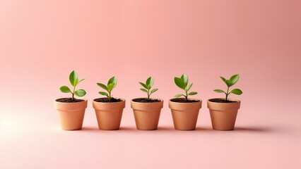 Five small brown pots with green plants in them on a pink background.