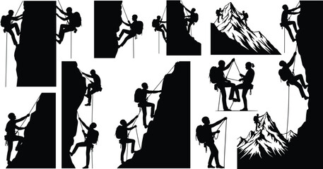 climbing, mountaineering, silhouette, adventure, mountain, rope, harness, outdoor, ascent, peak, teamwork, challenge, sport, exploration, activity © Maisa