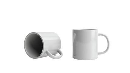 Two White Ceramic Mugs One Upright and One Tilted  isolated on a transparent background