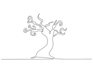 Continuous line drawing of halloween tree. Single line illustration of creepy old tree. Halloween concept. Editable outline