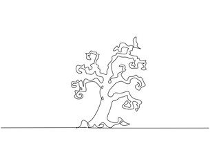 Continuous line drawing of halloween tree. Single line illustration of creepy old tree. Halloween concept. Editable outline