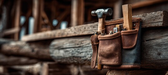 Close-Up of Carpenter's Tool Belt and Hammer with Timber Frame Background