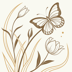 Elegant line art illustration of a delicate butterfly hovering over blooming flowers and tall grass in warm brown and gold tones on a cream background