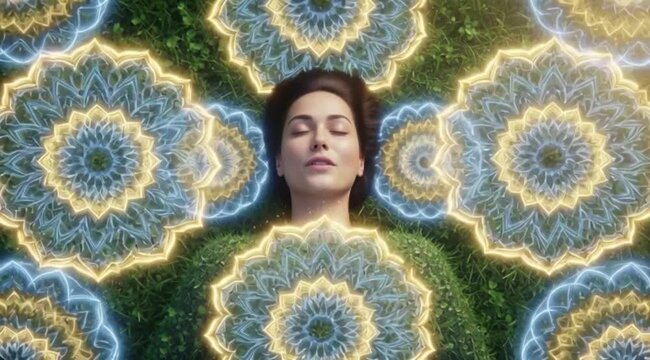 Mulher Deitada na Grama Cercada por Mandalas de Energia