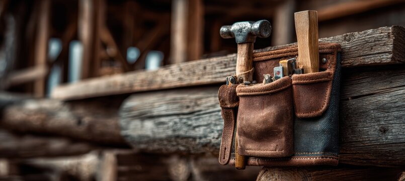 Close-Up of Carpenter's Tool Belt and Hammer with Timber Frame Background