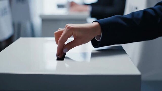 Casting a Vote at the Ballot Box - A close-up shot shows a hand placing a ballot into a white ballot box. The act represents the democratic process of voting and citizen participation.