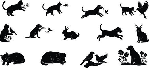 Naklejka premium animals, silhouette, cat, dog, bird, rabbit, nature, flower, interaction, peaceful, playful, pet, wildlife, companion, illustration