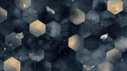 Hexagonal Dark Watercolor Pattern with Navy, Graphite & Gold Pigments, Metallic Petal Effects, Silver Grunge & Peel-Off Details